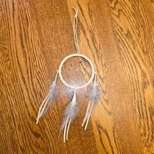 3" Cream Dreamcatcher Grey Feathers Green Bead Boho Wall Hanging Native American
